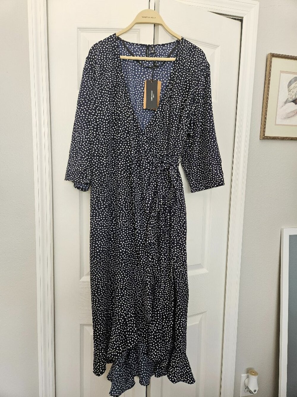 Dotted Black and White Deep V-Neck Wrap Dress with Waist Tie and Leg Slit (NWT)